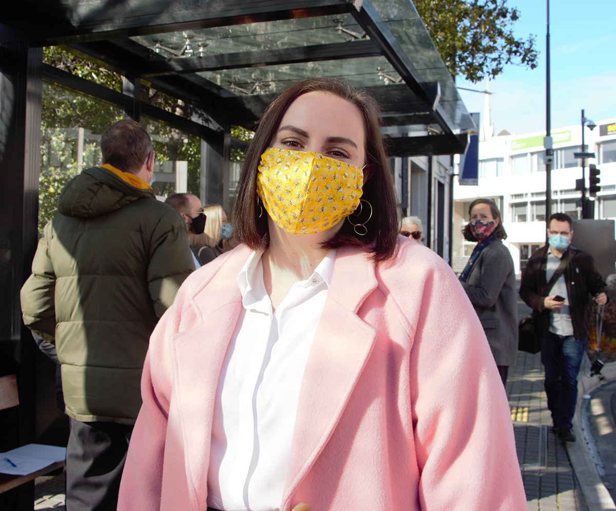 Abbey Chamberlain at the Dunedin Bus Hub for the Dunedin e-Bus trial launch.