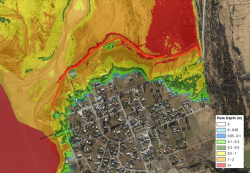 Model results for a flooding scenario at Glenorchy, these are coloured by floodwater depth.