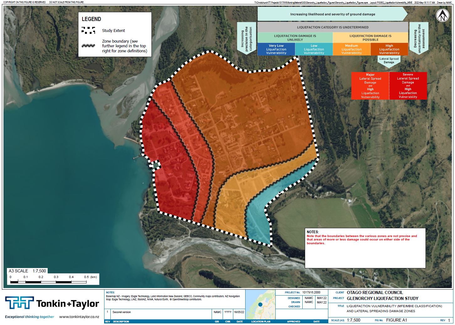 The map shows the liquefaction hazard categorisation developed by T+T for liquefaction and lateral spreading hazards at Glenorchy.