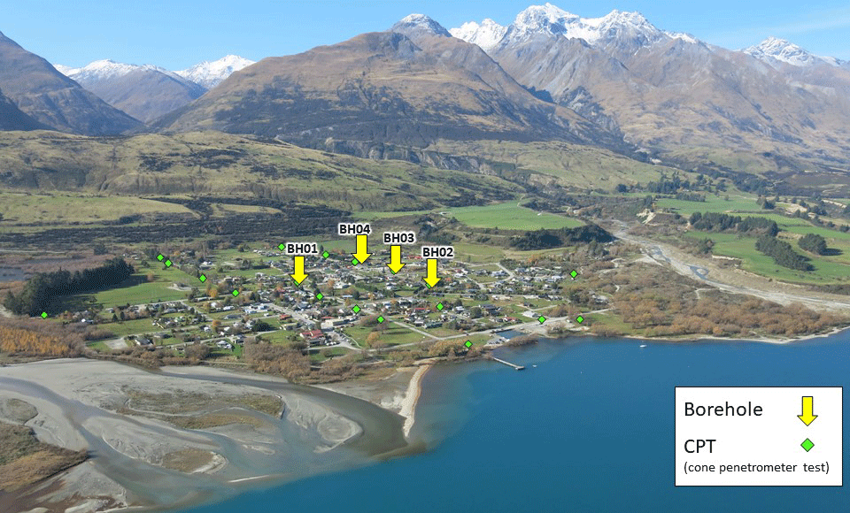 Glenorchy township showing the locations of geotechnical investigations completed for the liquefaction vulnerability study.