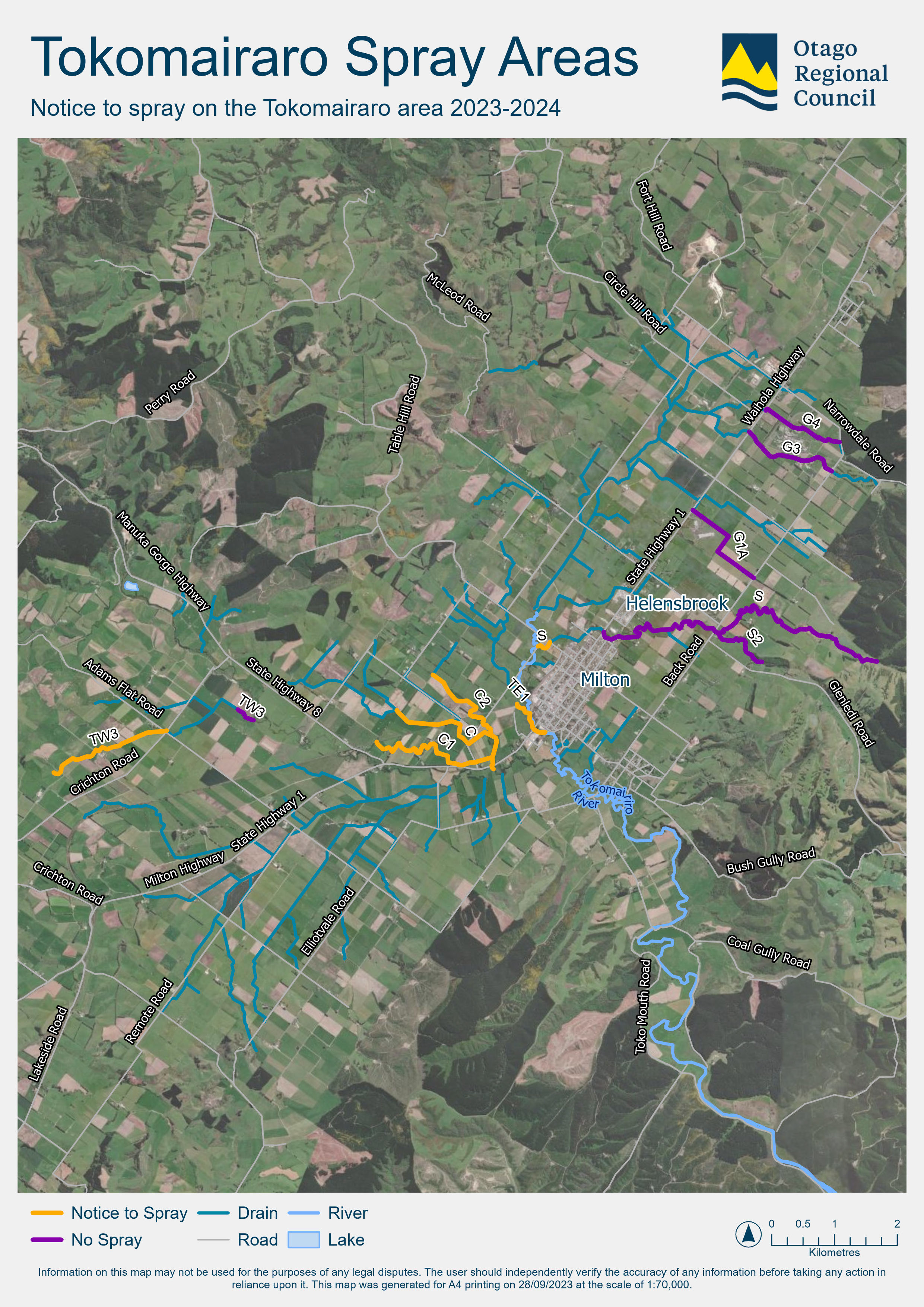 Tokomairaro spray areas map.