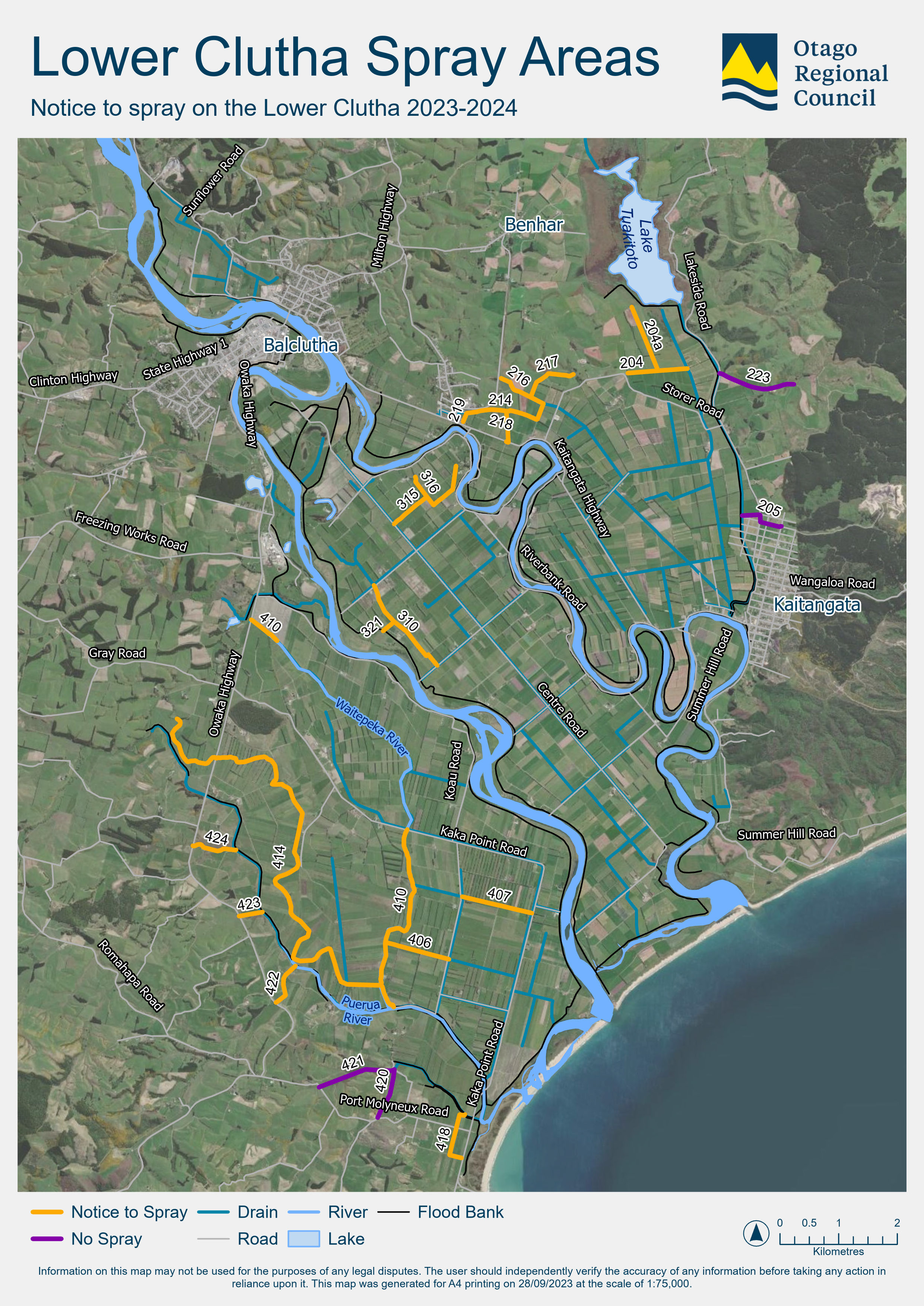 Lower Clutha spray areas map.