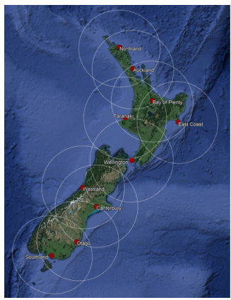 Map of Aotearoa New Zealand showing MetService National Radar Coverage