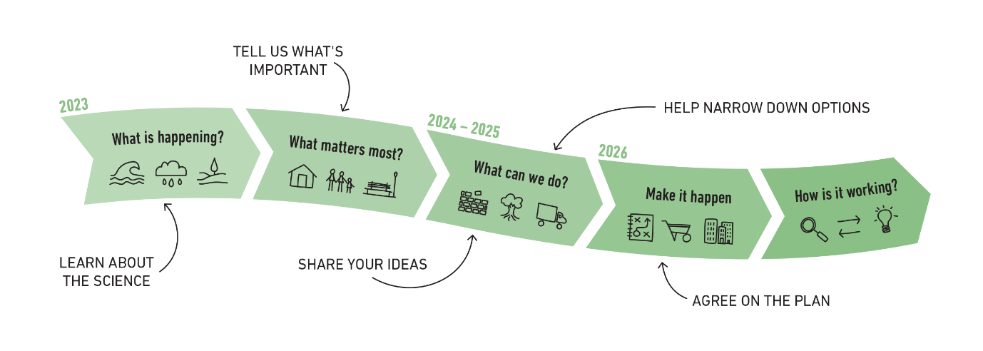 infographic shows the five phases of the South Dunedin Future programme