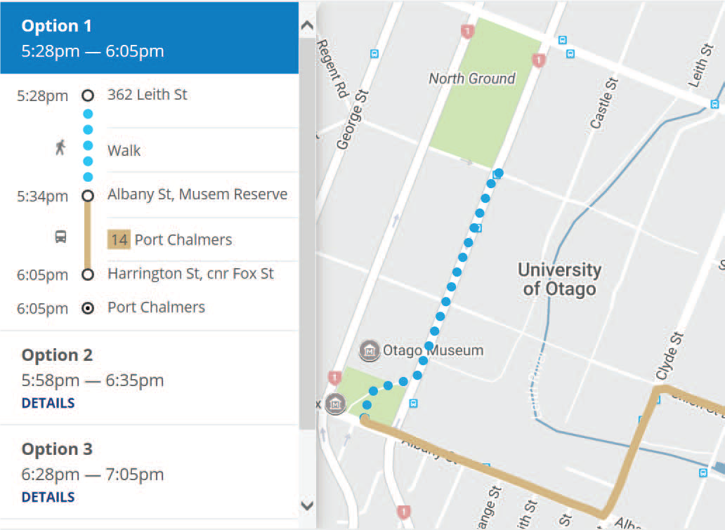 Journey Planner showing the 14 Port Chalmers bus route, bus stops and walking route