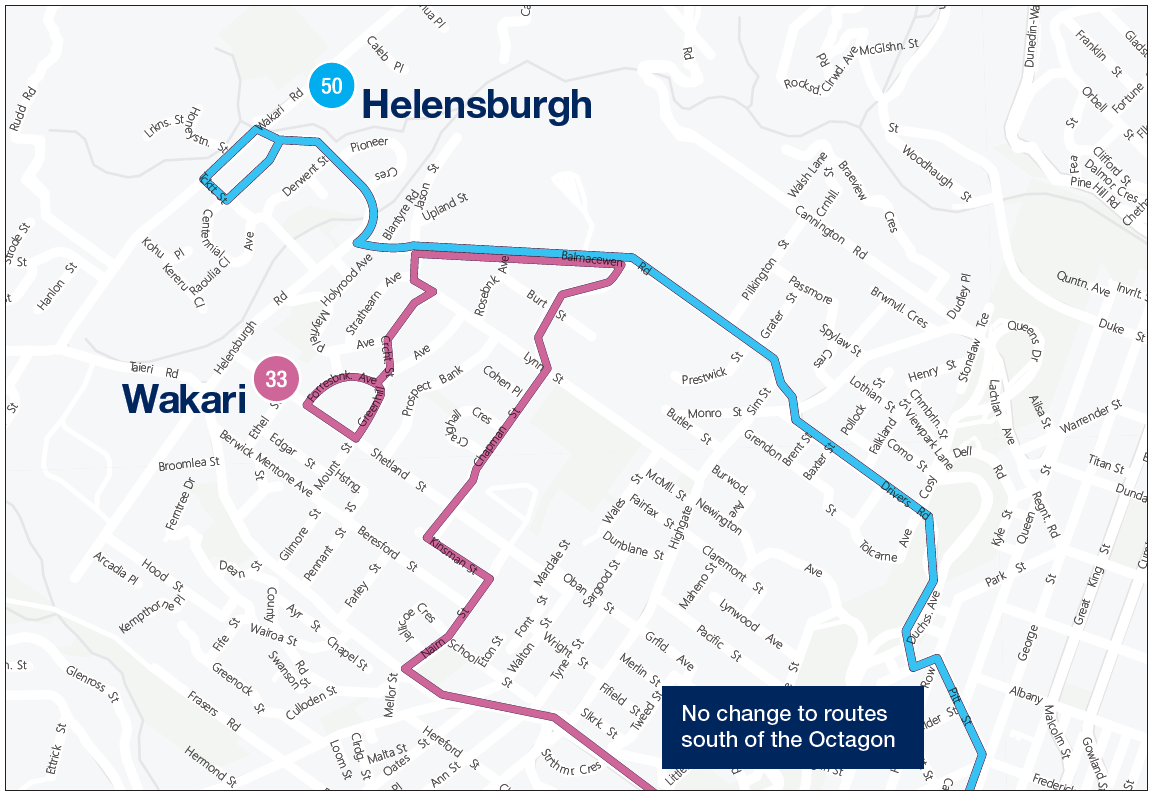 The map shows the Wakari and Helensburgh portion of routes 33 and 50. The City – Corstorphine (33) and City – St Clair Park (50) portions of the routes will not change.