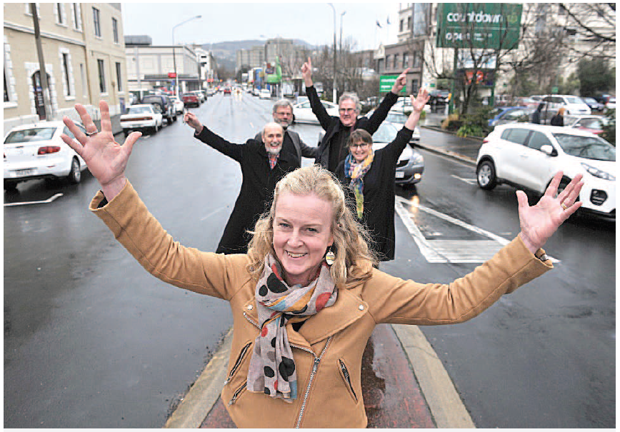 ORC deputy chairwoman Gretchen Robertson (front) and (back from left) NZTA system manager Graeme Hall, regional councillors Trevor Kempton and Michael Deaker and DCC councillor Kate Wilson celebrating at the bus hub site. Photo Credit: Peter McIntosh, ODT