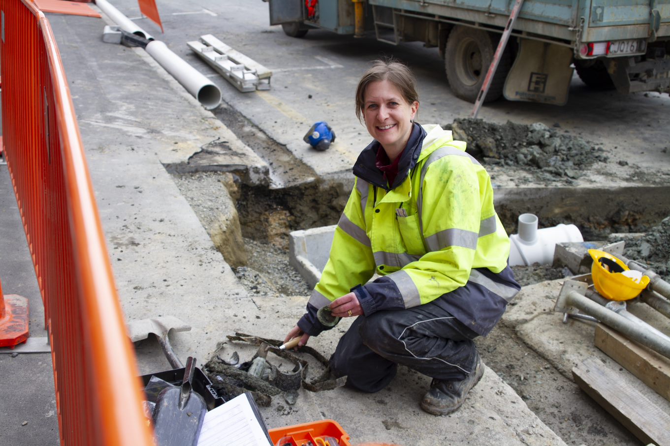 Eva Forster-Garbutt, Principal Archaeologist from Heritage Properties, inspecting some items found during construction this week.