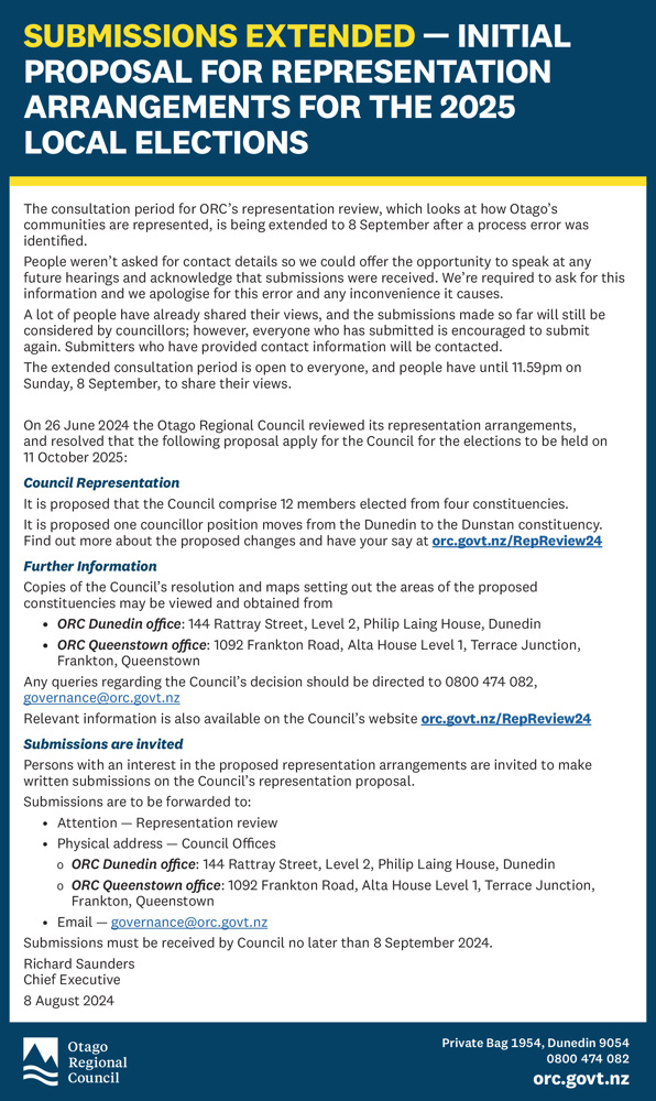 Public notice on representation review submissions being extended