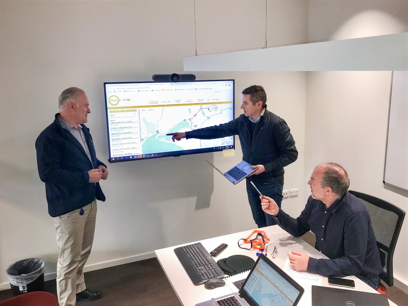 From left: ORC Queenstown Senior Public Transport Officer Stephen Patience, Transport Team Leader Julian Phillips, and TrackABus General Manager Chris Mein checking out the real-time tracking in action.