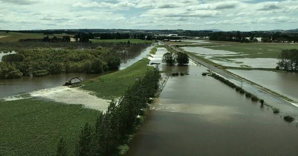 Waitepeka floodbank during the February 2020 floods