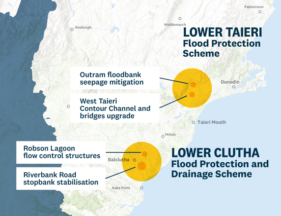 Map of Otago showing flood protection scheme areas in Lower taieri and lower clutha