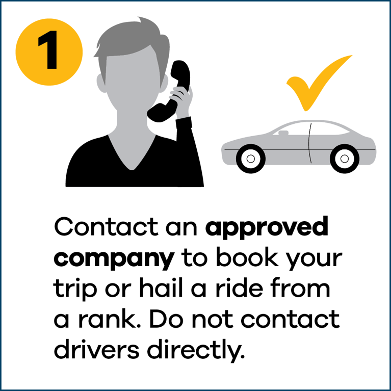 1 - contact on approved company to book your trip or hail a ride from a rank. Do not contact drivers directly.