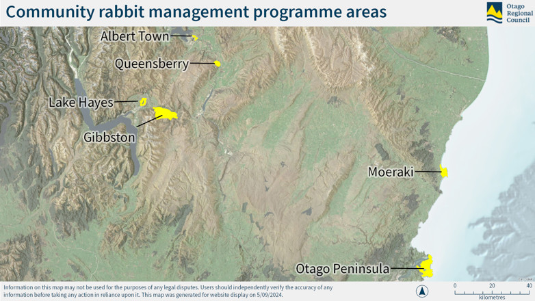 Map of Otago showing community rabbit management programme areas of albert town, queensberry, lake hays, gibbstone, moeraki and otago pennisula