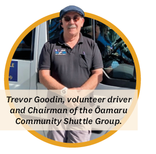 Trevor Goodin, volunteer driver and Chairman of the Ōamaru Community Shuttle Group standing in front of van