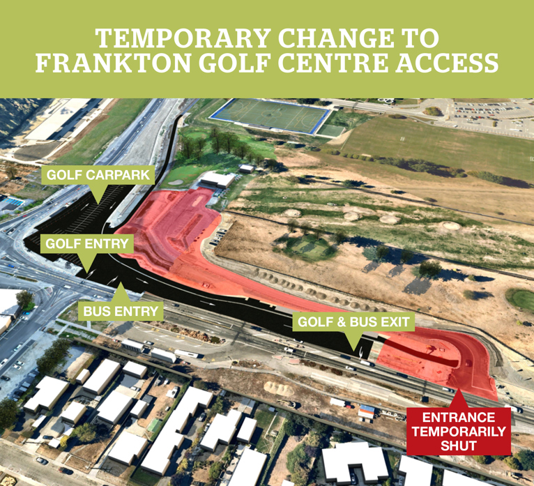 Map of temporary change to Frankton Golf Centre Access. From Monday 19 January to Monday 10 February, the golf course carpark will temporarily shift back to its old location. During this time, golf course users will be entering and exiting the car park on either side of the Frankton Bus Hub, on the golf course side. Traffic management and signage will be in place. However, please be patient as buses may experience minor delays when entering and exiting this area.