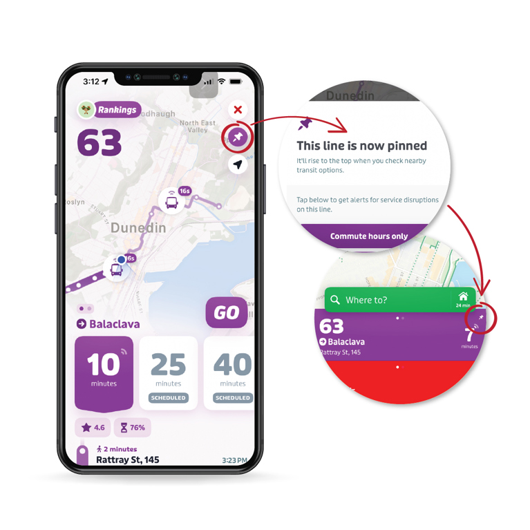 Image with phone screen showing balaclava route on the transit app, the pin icon is circled and inserts show the line pinned