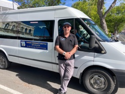Trevor Goodin, Chair of the Ōamaru–Palmerston Community Shuttle Group with shuttle