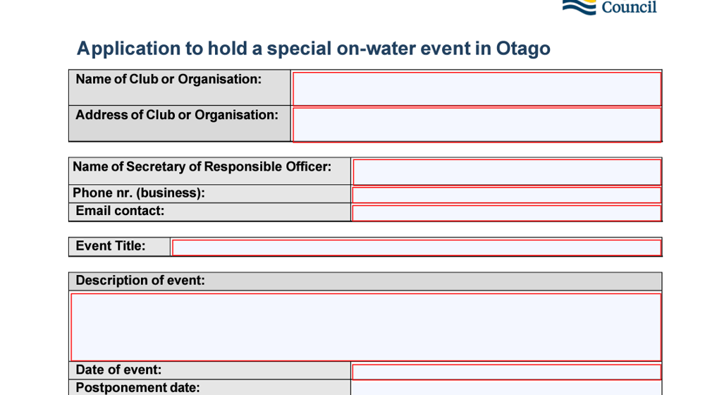 Form Thumbnail Application To Hold A Special On Water Event In Otago