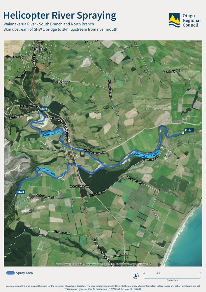 Helicopter River Spraying Map of Waianakarua River - South Branch and North Branch