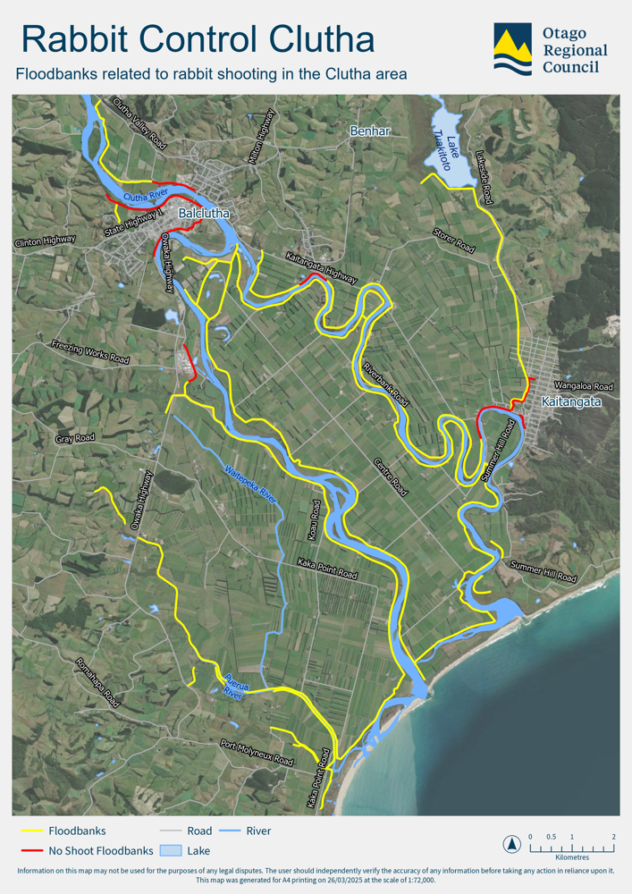 Map showing floodbanks related to rabbit shooting in the Clutha area